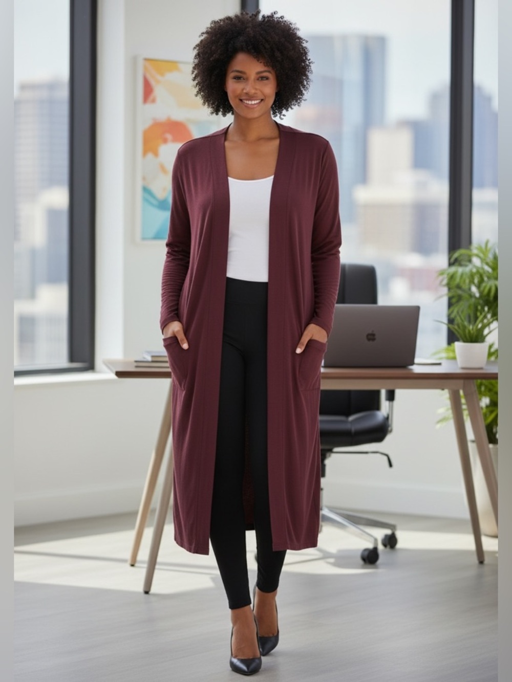 Wright’s women’s plus size 1X midi duster open front cardigan solid burgundy new